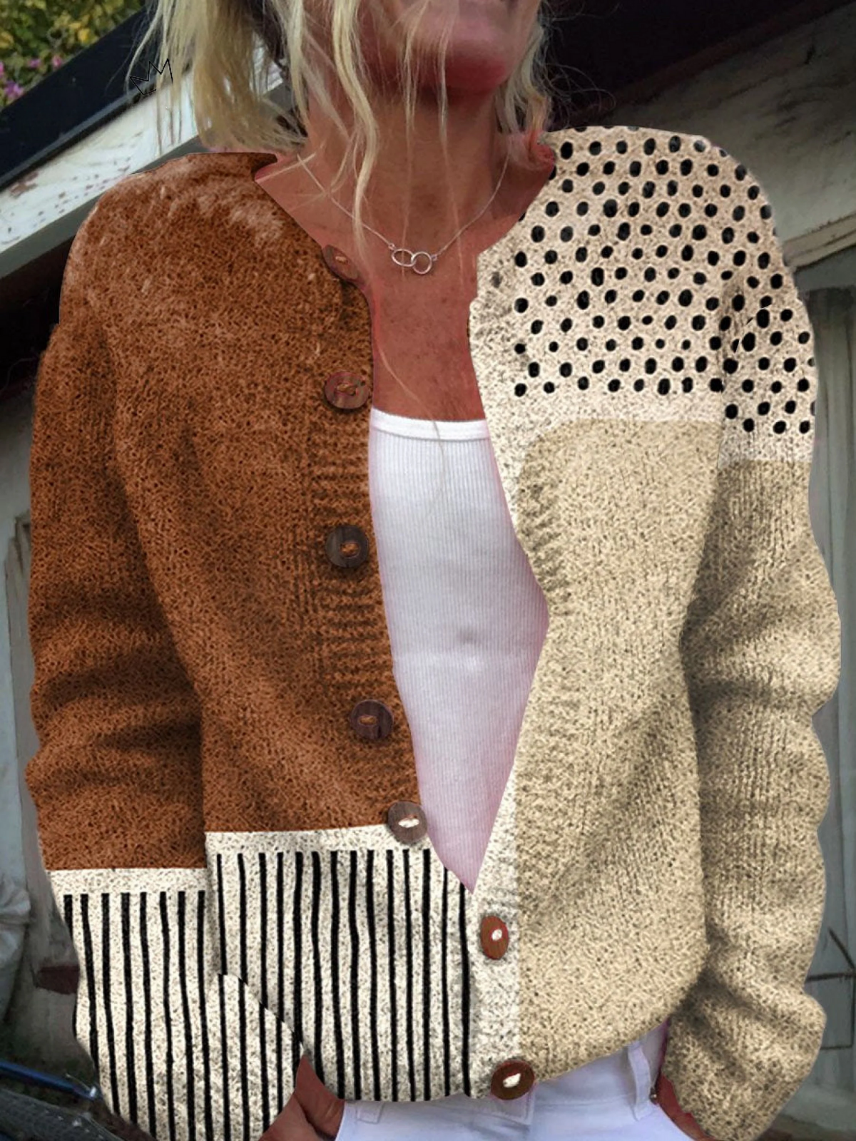 ELOISE | Karmelowy kardigan patchwork w stylu vintage