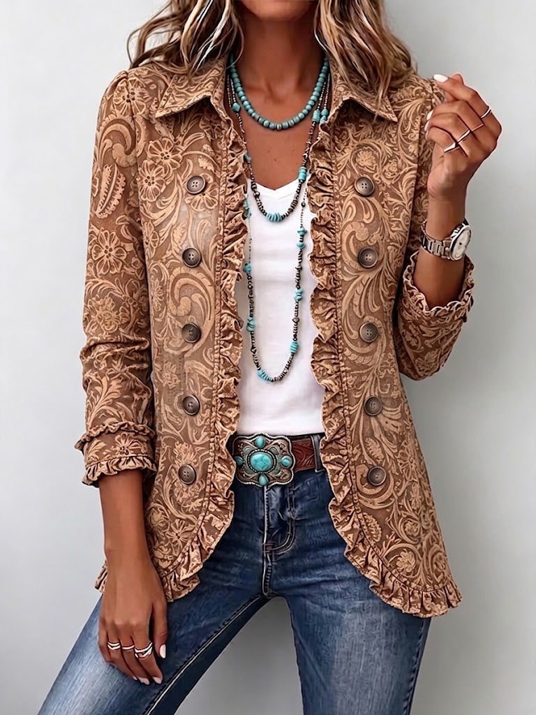 VYCLARA | Kurtka vintage w stylu boho z kwiatowym nadrukiem i falbankami