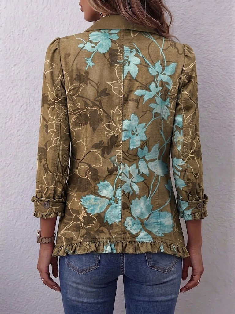 SUNDARA | Kurtka boho z falbankami w cieniowany kwiatowy wzór vintage