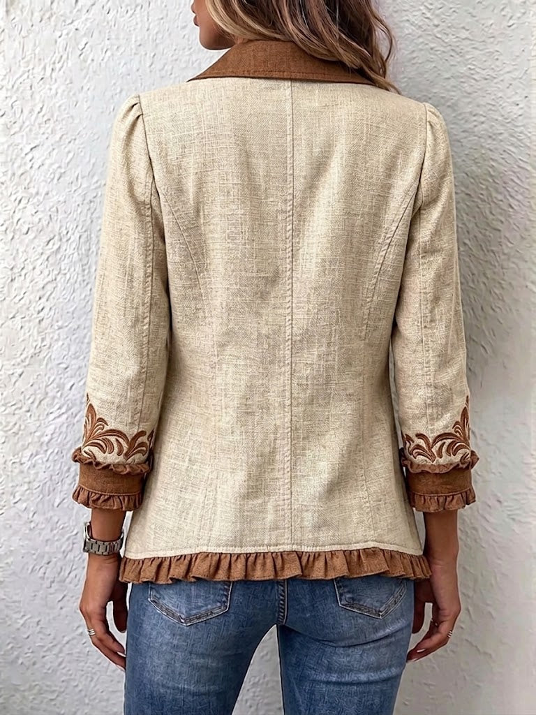 DAWNCROFT | Kurtka vintage w stylu boho z haftem kwiatowym i falbankami