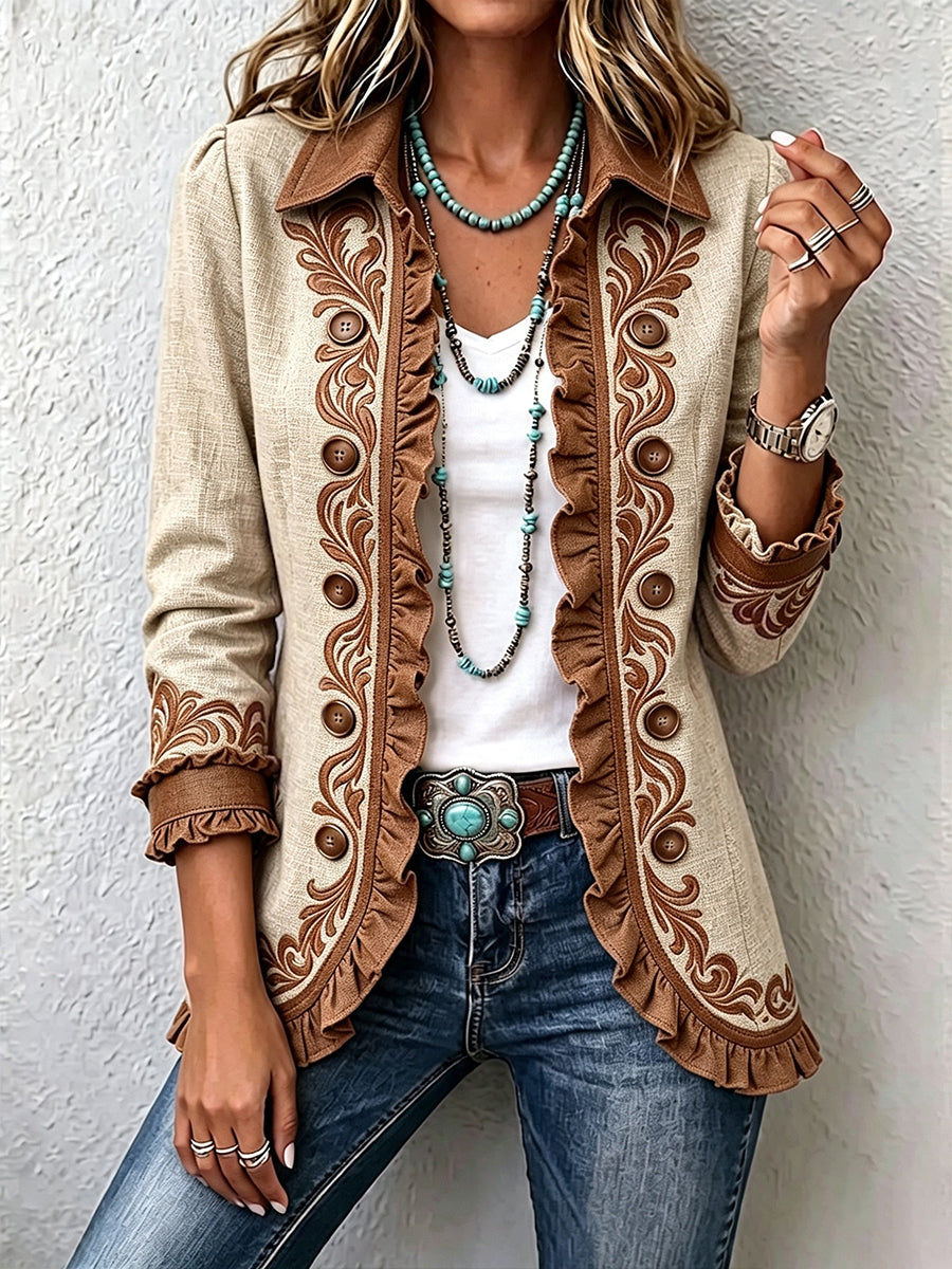 DAWNCROFT | Kurtka vintage w stylu boho z haftem kwiatowym i falbankami